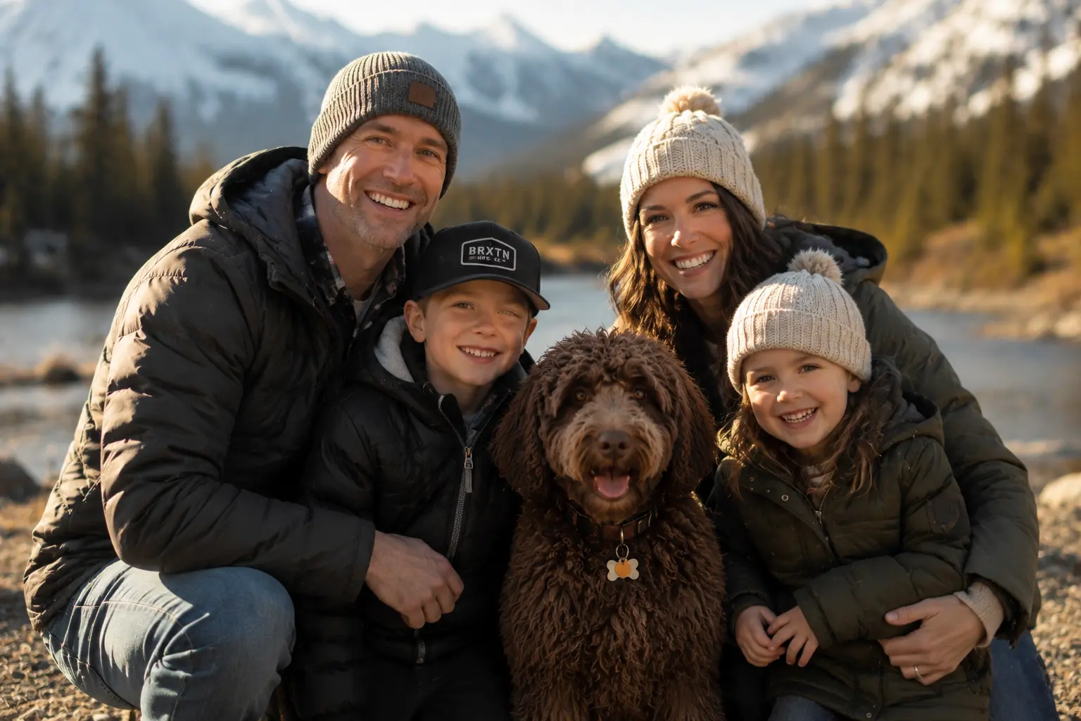 Family with their Australian Labradoodle in BC Canada