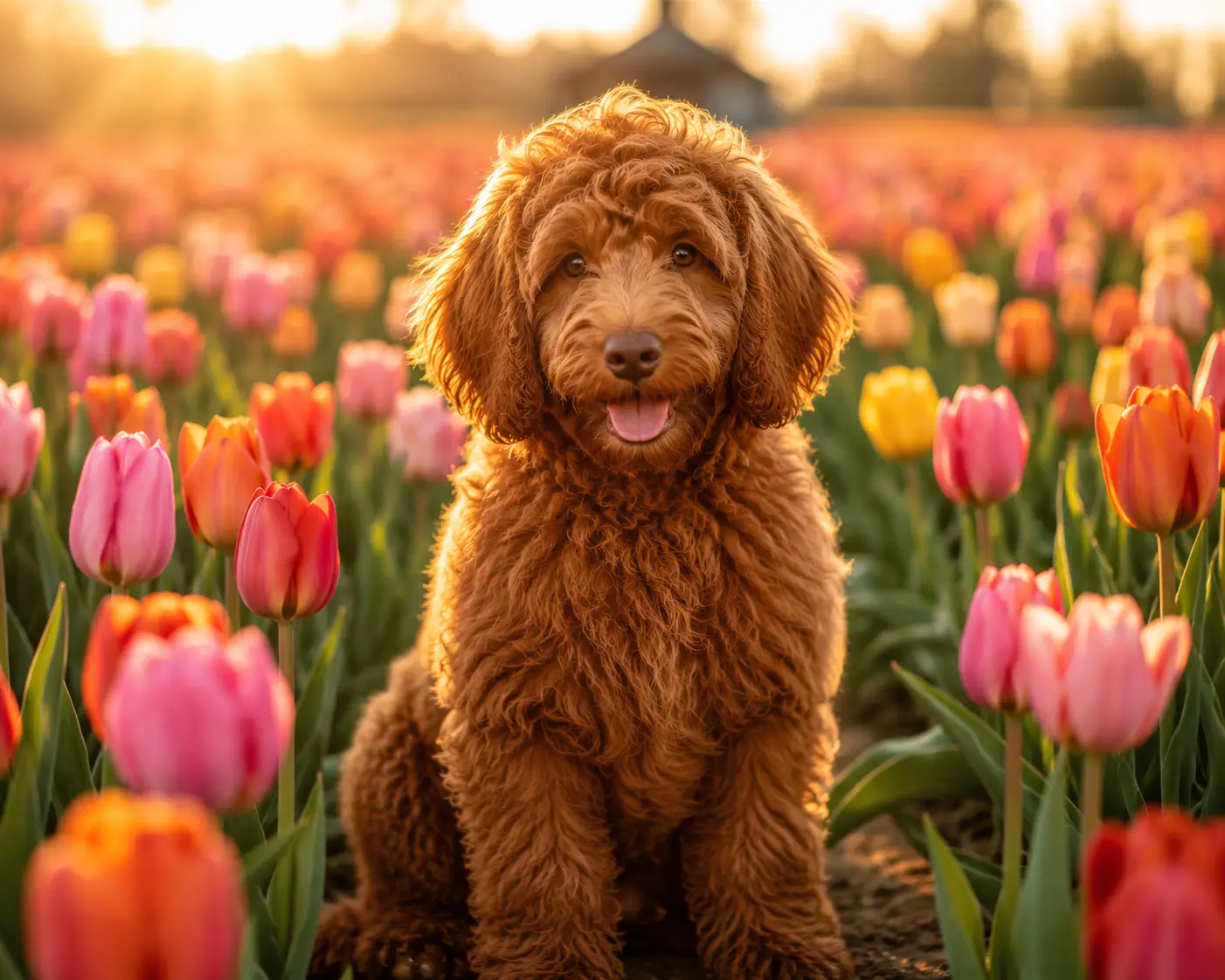 Red labradoodle in tulips