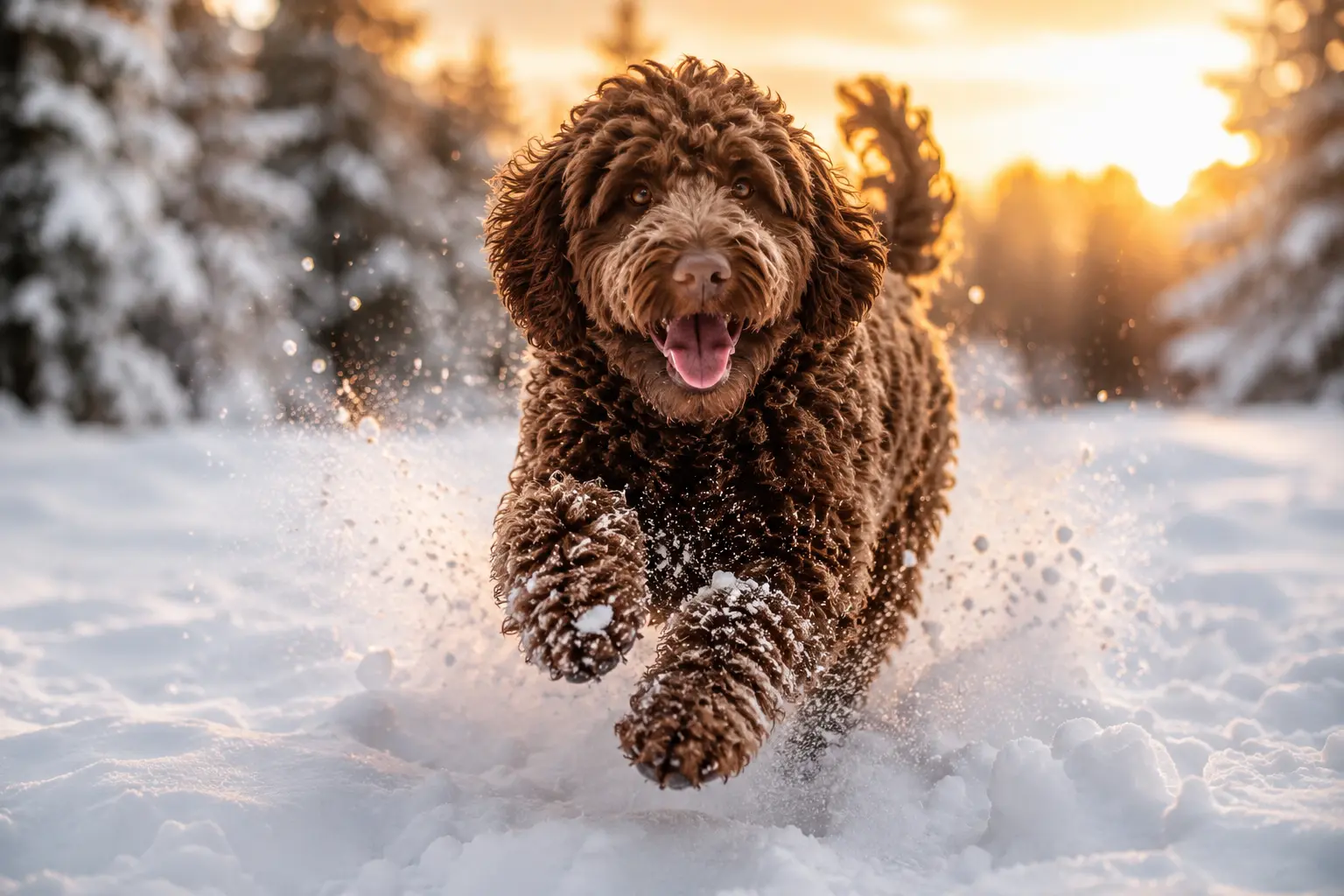 Happy labradoodle running in snow